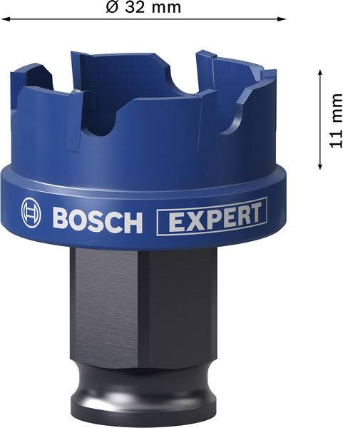 Blaue Bosch Expert Lochsäge mit 32 mm Durchmesser und 11 mm Tiefe. Konzipiert für präzises Schneiden in verschiedenen Materialien.