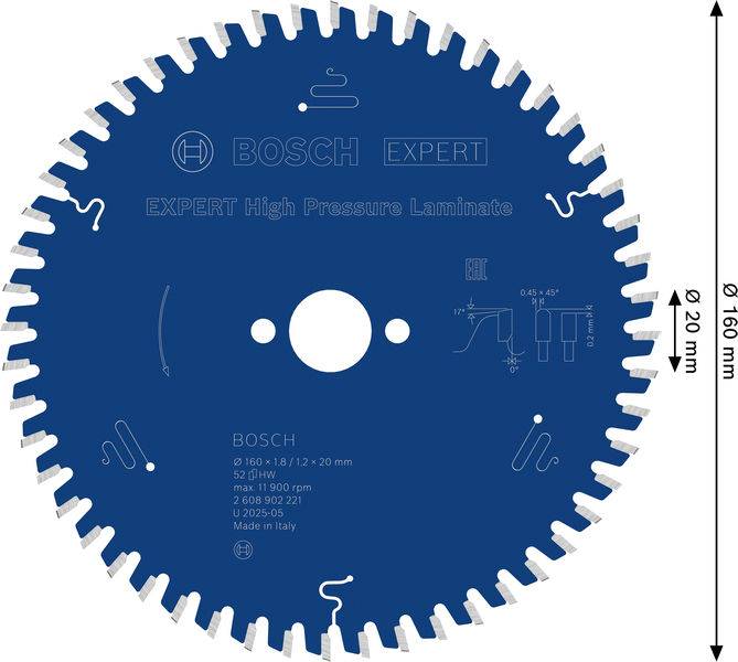 Ein Kreissägeblatt für Hochdruck-Laminat mit Bosch-Branding und technischen Spezifikationen, mit einem Durchmesser von 160 mm.