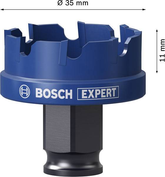 Eine blaue Bosch Expert Lochsäge mit den Abmessungen: 35 mm Durchmesser, 11 mm Höhe. Konzipiert für präzise Schneidaufgaben.