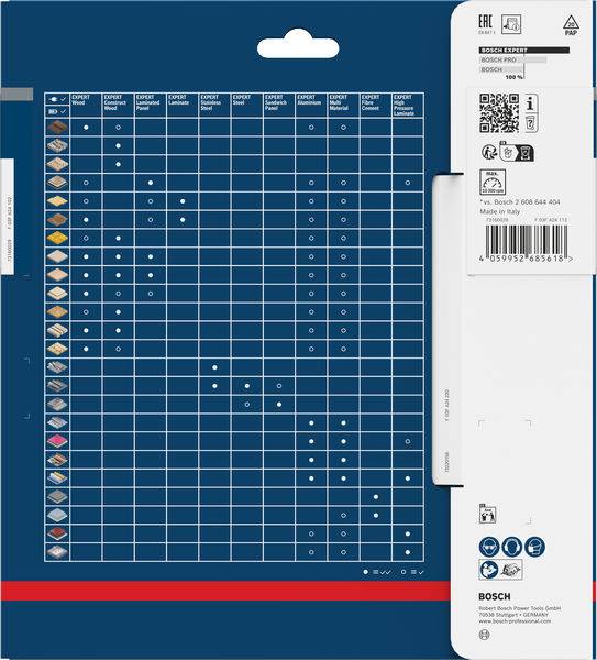 Bohrspitzenverpackung mit einem Diagramm, das die Kompatibilität mit verschiedenen Materialien wie Holz, Metall und Beton zeigt. Bosch-Logo am unteren Rand.