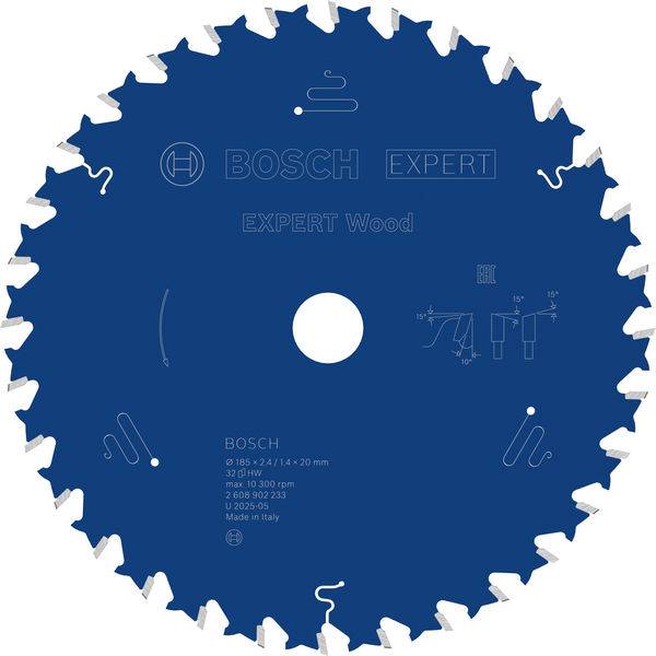 Ein Kreissägeblatt mit blauem Hintergrund, mit der Bezeichnung „Bosch Expert Wood
