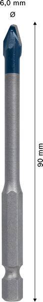 Bohrer, 90 mm Länge, 6,0 mm Durchmesser, silberfarben mit blauer Spitze.