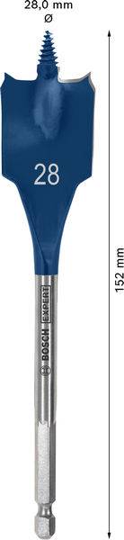 Bohrbit mit flacher Spatenform, 153 mm lang und 28 mm im Durchmesser, für Holzbearbeitung konzipiert.