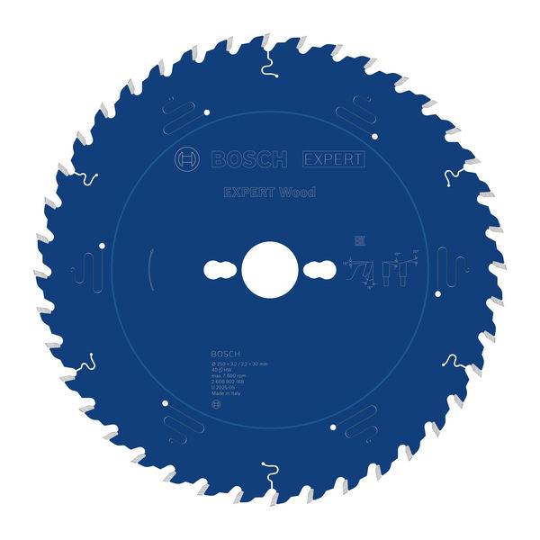 Blaues Bosch Expert Holzsägeblatt mit scharfen Zähnen, geeignet zum Schneiden von Holz. Die Merkmale umfassen Anti-Vibrations-Schlitze und ein zentrales Loch zur Montage.