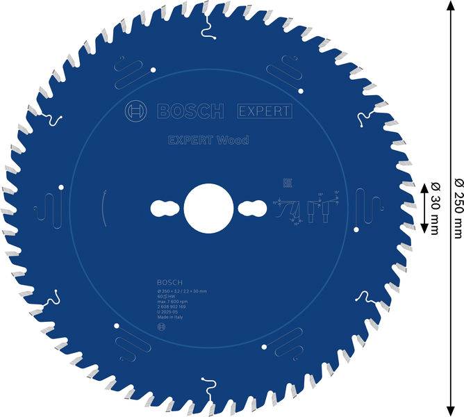 Ein Bosch Expert Holz-Kreissägeblatt, blauer Farbe, mit Durchmesservorgaben von 250 mm und 30 mm Innenloch, versehen mit mehreren gleichmäßig verteilten Zähnen.