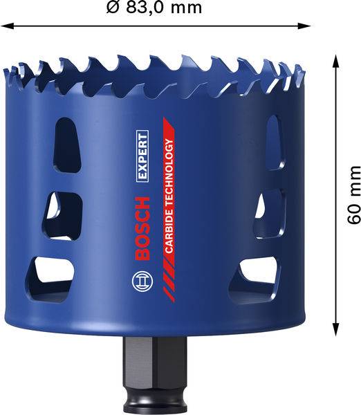 Eine blaue Bosch-Expertenlochsäge mit Hartmetalltechnologie, 83 mm Durchmesser und 60 mm Tiefe, mit scharfen Zähnen zum Bohren.