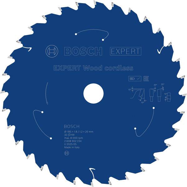 Sägeblatt für kabellose Elektrowerkzeuge mit Haltbarkeits- und Leistungskennzeichen. Geeignet für Holz. Enthält Bosch-Branding und Spezifikationen.
