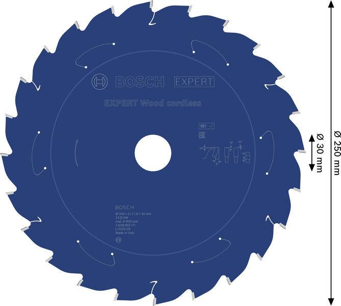 Kreissägeblatt mit der Bezeichnung 'Expert Wood' von Bosch, mit folgenden Spezifikationen: Durchmesser 250 mm, Bohrung 30 mm. Blaues Design mit Zähnen rund um den Rand.