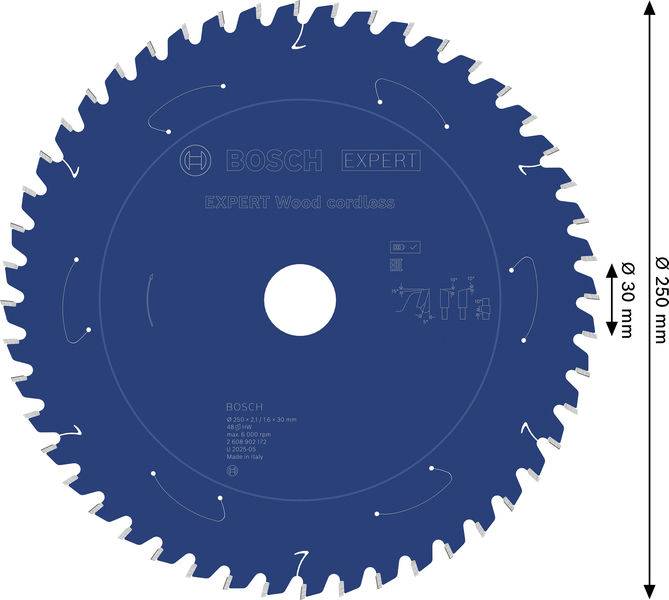 Sägeblatt zum Holzschneiden, Bosch Expert, 250 mm Durchmesser, mit 30 mm Bohrung und 40 Zähnen. Geeignet für feine Schnitte.