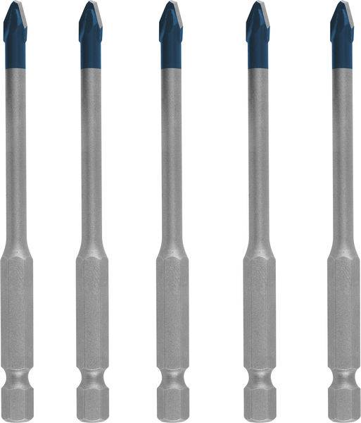 Fünf silberne Bohrer vertikal ausgerichtet, jeder mit einem blauem Spitzenkopf, entworfen für präzises Bohren in verschiedenen Materialien.