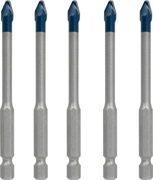 Fünf metallische Bohrmeißel mit sechskantigen Schäften und blau angestrichenen Spitzen vertikal nebeneinander angeordnet.