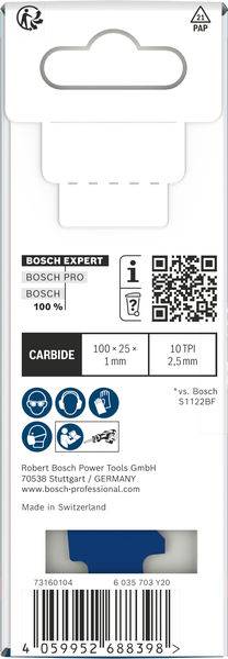 'Bosch Expert'-Verpackung für ein Sägeblatt. Merkmale: Text 'Bosch Pro' und '100% Carbide'. Abmessungen: 100 x 25 x 1mm, 10 TPI 2,5mm.