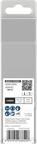Verpackung für Bosch Expert Stichsägeblätter, hergestellt in der Schweiz. Beinhaltet Spezifikationen: Hartmetallmaterial, Temperaturbereich 150-25°C, 50 U/min, 2,5 mm.