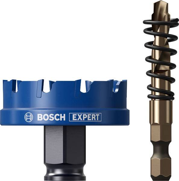 Eine blaue Bosch Expert Lochsäge mit gezahntem Rand und einem passenden Spiralbohrer, konzipiert für effizientes und präzises Schneiden in verschiedenen Materialien.