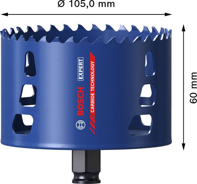 Eine blaue Bosch-Lochsäge mit 105 mm Durchmesser und 60 mm Tiefe, ausgestattet mit Hartmetalltechnologie und für effektives Schneiden konzipiert.
