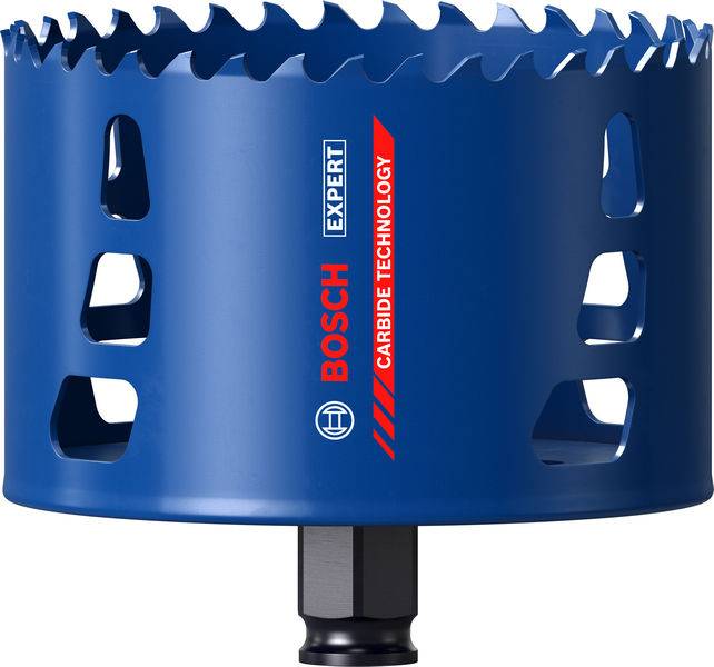 Bosch Expert Hartmetall-Technologie Lochsäge mit blauem Gehäuse und scharfen Zähnen zum Schneiden, mit Marken- und Technologie-Etiketten auf der Seite.