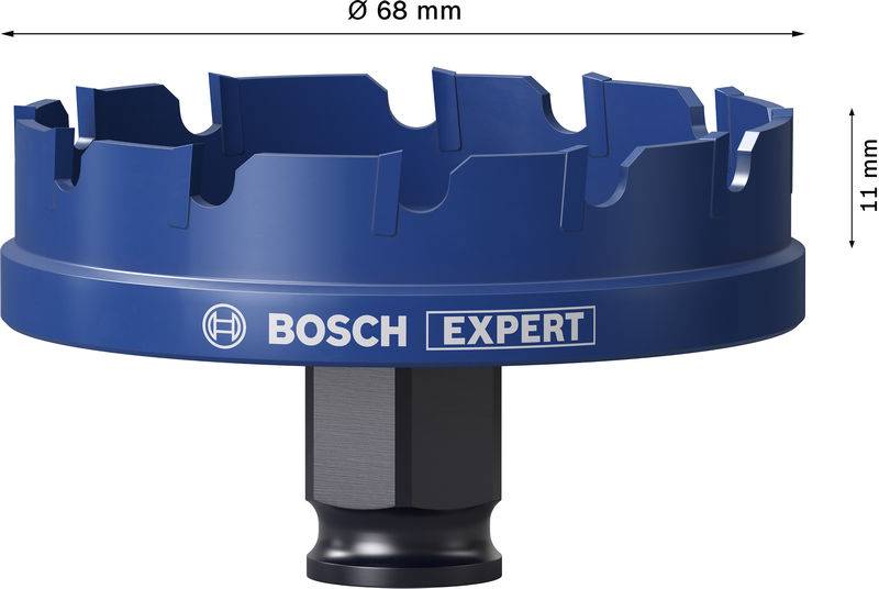 Eine blaue Bosch-Expertenlochsäge mit einem Durchmesser von 68 mm und einer Höhe von 11 mm, konzipiert für präzises Schneiden in verschiedenen Materialien.