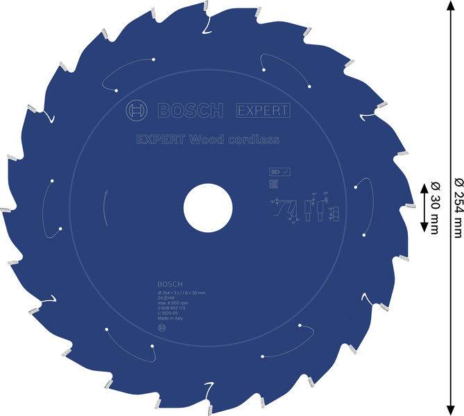 „Sägeblatt mit scharfen Zähnen, Durchmesser 254 mm, zum Schneiden von Holz; beschriftet mit „Expert Bosch