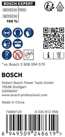 Etikett für Bosch Expert Elektrowerkzeugzubehör mit QR-Code. Sicherheitssymbole umfassen das Tragen von Handschuhen, Augenschutz und keine bloßen Hände. Hergestellt in China.