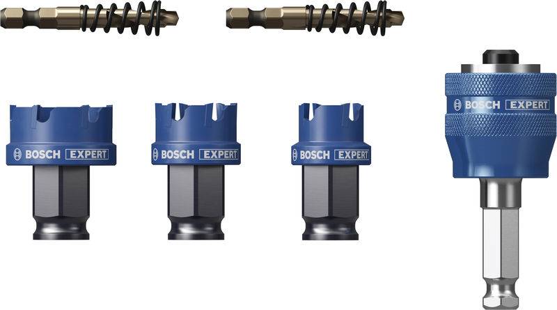 Fünf Bosch Expert-Schneidewerkzeuge in verschiedenen Größen, mit einer detaillierten Ansicht, die ihr aufwendiges Design und ihren Befestigungsmechanismus zeigt.