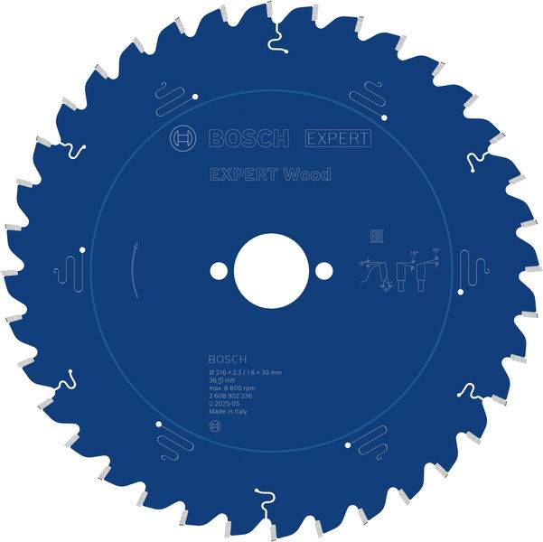 Blattes Sägeblatt mit Bosch Expert Wood Branding, 216 x 30 mm, 24 Zähne, Hergestellt in Italien.