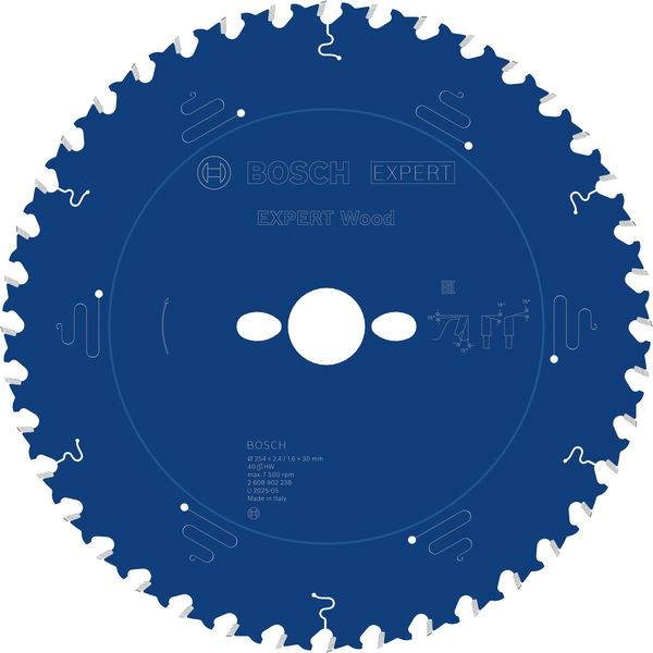 Ein blaurundes Sägeblatt mit der Beschriftung „BOSCH EXPERT Holz