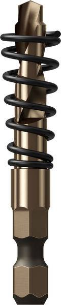 Ein glänzender, metallischer Bohraufsatz mit einer schwarzen Spiralfeder, die darum gewickelt ist, entwickelt für Schneid- oder Bohrungsanwendungen.