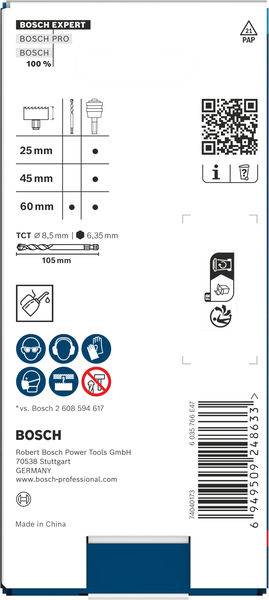 'Bosch Expert'-Verpackung mit verschiedenen Bohrergrößen: 25mm, 45mm, 60mm. Symbole zeigen kompatible Materialien an. QR-Code und Kontaktinformationen enthalten. Hergestellt in China.