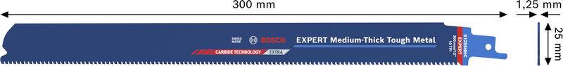 Ein blauer Metalltrennschleifer mit der Bezeichnung „Bosch Expert Medium-Thick Tough Metal