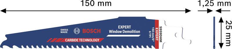 Ein 150-mm-Sägeblatt mit Bosch-Hartmetall-Technologie für den professionellen Fensterrückbau, gekennzeichnet mit den Abmessungen: Länge 150 mm, Breite 25 mm, Dicke 1,25 mm.
