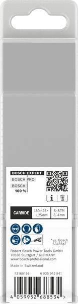 Das Bild zeigt Verpackungen für Bosch Expert Stichsägeblätter mit einem QR-Code, Produktdetails und Spezifikationen zum Holzschneiden.