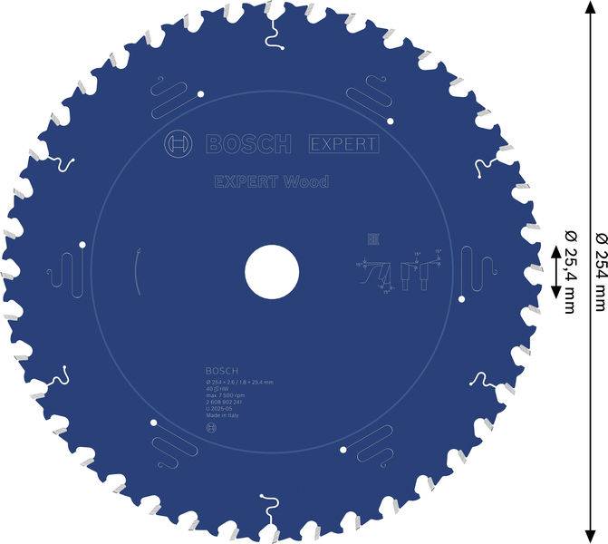 Ein Kreissägeblatt mit abwechselnden Zähnen, gekennzeichnet mit 'Bosch Expert Wood 254 x 30 mm.' Es enthält Zahnpiktogramme und Abmessungen: Ø 254 mm.