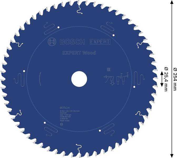 Bosch Expert Kreissägeblatt für Holz, Durchmesser 254 mm, blau mit weißen Zähnen, Marke und Spezifikationen werden angezeigt.