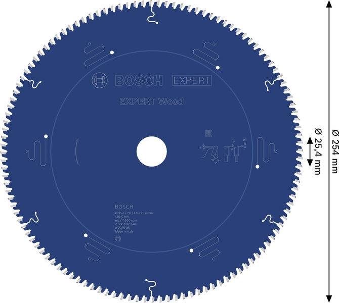 BOSCH EXPERT Holz-Kreissägeblatt, 254 mm Durchmesser, 2,4 mm Dicke, mit 74 Zähnen für Holzschnitte konzipiert.