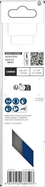 Verpackung für ein Bosch-Stichsägeblatt. Zeigt Markenname, Blattbild und Produktspezifikationen wie Länge und Breite in Millimetern.