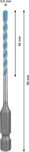 Bohraufsatz mit 3,0 mm Durchmesser, 45 mm Schneidlänge und 90 mm Gesamtlänge, mit blauem Spiraldesign für den Maurergebrauch.