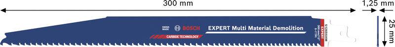 Ein blau gekennzeichnetes Bosch-Abbruchsägeblatt ist mit „EXPERT Multi Material Demolition