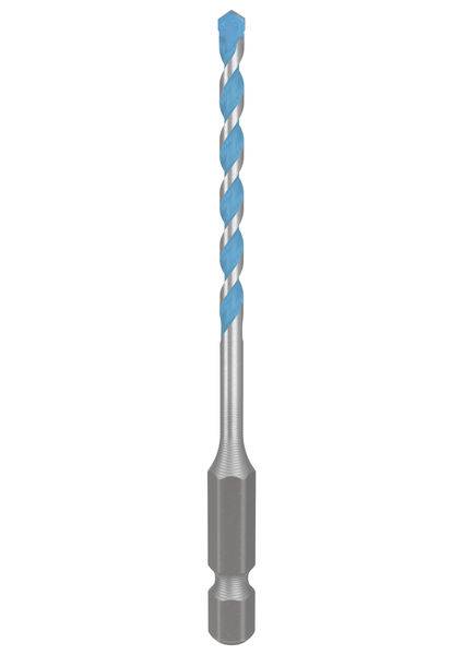 Ein Silbermetallfutter mit spiralförmigen blauen Akzenten, entworfen für die Verwendung mit Elektrowerkzeugen, vertikal mit sechseckiger Basis dargestellt.