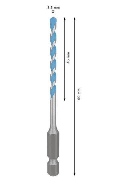 Ein Metallbohrer mit blauer Spitze, mit einer Gesamtlänge von 90 mm und einem Durchmesser von 3,5 mm, mit einem 45 mm langen Spiralbereich.