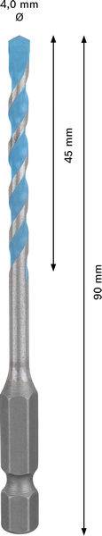 Ein Bohraufsatz mit blauem Spiraldesign, 90 mm lang und 4,0 mm im Durchmesser, mit einer Bohrtiefe von 45 mm.