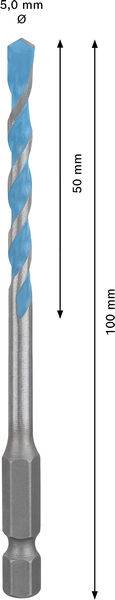 Ein blauer Steinbohrer mit einem Durchmesser von 5,0 mm und einer Länge von 100 mm ist dargestellt, mit einem gekennzeichneten Segment von 50 mm in der Nähe der Spitze.
