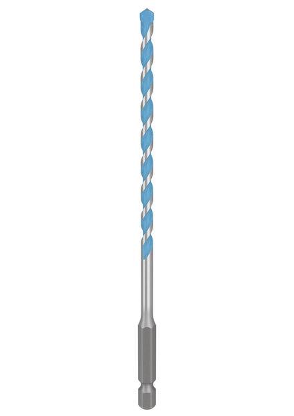 Ein blau-silberner Spiralbohrer mit sechskantiger Schaftform, der für effizientes Bohren in Mauerwerk und Betonoberflächen konzipiert ist.