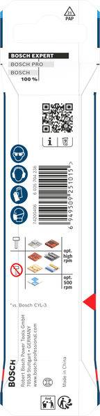 Bosch Expert SDS-Max Bohrkrone Verpackung. Zeigt Kompatibilität mit Bosch Pro und Expert Produkten, QR-Code und Sicherheitssymbole.