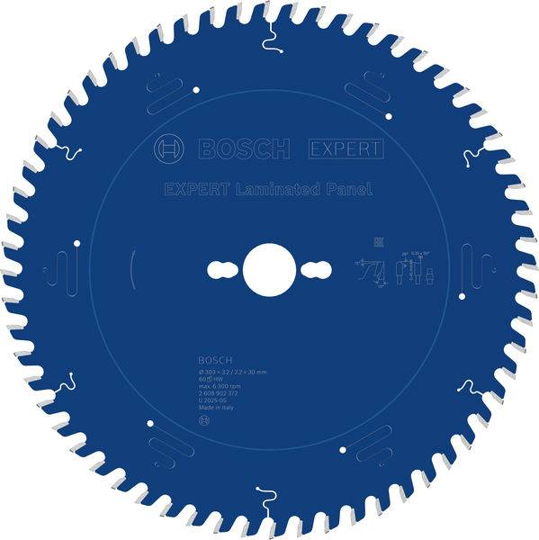 Ein blaurundes Sägeblatt mit der Aufschrift „BOSCH EXPERT Schichtholzplatte