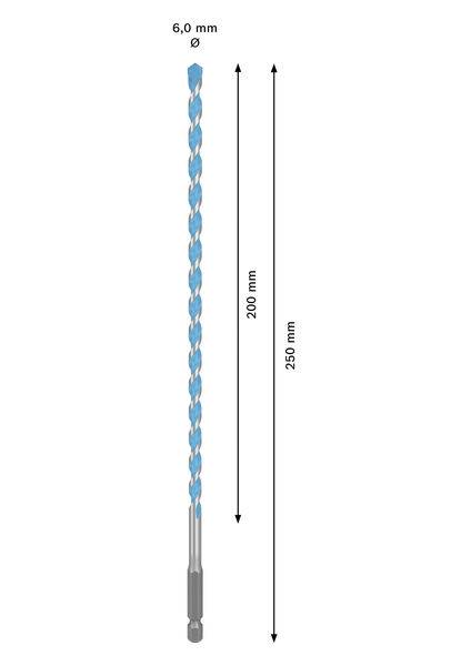 Ein blauer Bohrer mit einer Länge von 250 mm und einem Durchmesser von 6,0 mm wird zusammen mit seinen Abmessungen gezeigt.