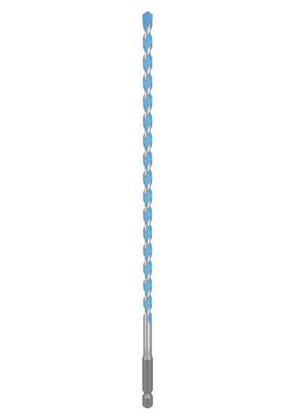 Ein blau-silberner Steinbohrer mit Spiraldesign, verwendet zum Bohren in harte Oberflächen wie Beton oder Ziegelstein.