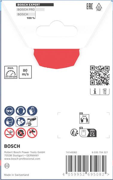 Verpackung für Bosch-Elektrowerkzeugzubehör mit Sicherheitssymbolen, QR-Code für weitere Informationen und Unternehmenskontakt in Stuttgart, Deutschland.