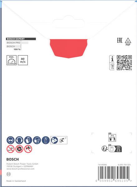 Ein Umschlag mit Bosch-Branding zeigt die Kompatibilität mit 80 m/s-Werkzeugen und verschiedenen Sägentypen. Sicherheits- und Recycling-Symbole sind enthalten.