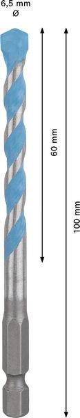 Ein Bohraufsatz mit einem Durchmesser von 6,5 mm und zwei Richtungspfeilen, die Längen anzeigen: 60 mm für den blauen Teil und 100 mm für den gesamten Aufsatz.