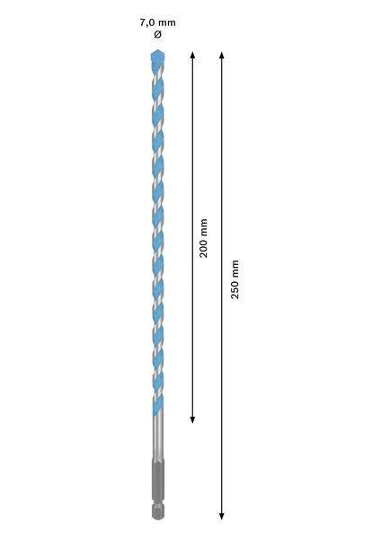 Langer blauer Spiralbohrer, 7,0 mm Durchmesser und 250 mm Länge. Die Abbildung enthält Maßstabsbezeichnungen: 200 mm Schaft und 250 mm Gesamtlänge.
